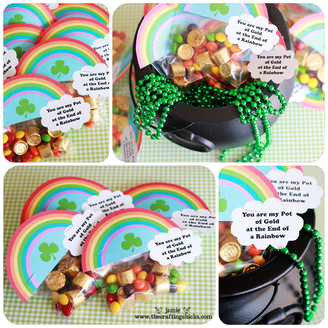 St. Patrick's Day Lucky Treasure Hunt & Treat Toppers collage of pictures in pot of gold.