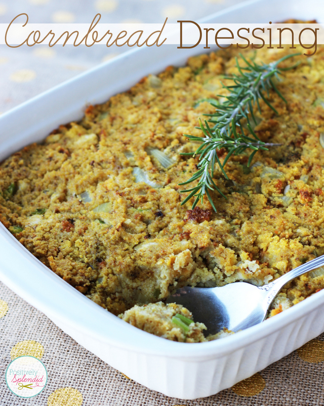 Cornbread Dressing in a white casserole dish is the perfect Thanksgiving dish