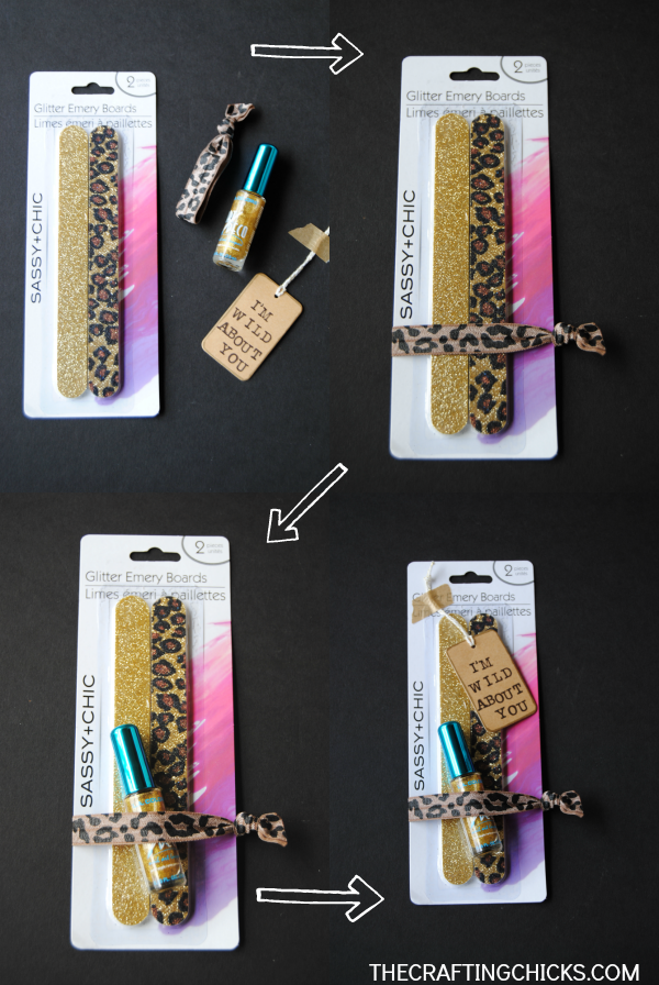 Super cute non-candy Valentine idea for girls and teens! I'm Wild about You Valentines with animal print emery boards, nail polish and a hair band!