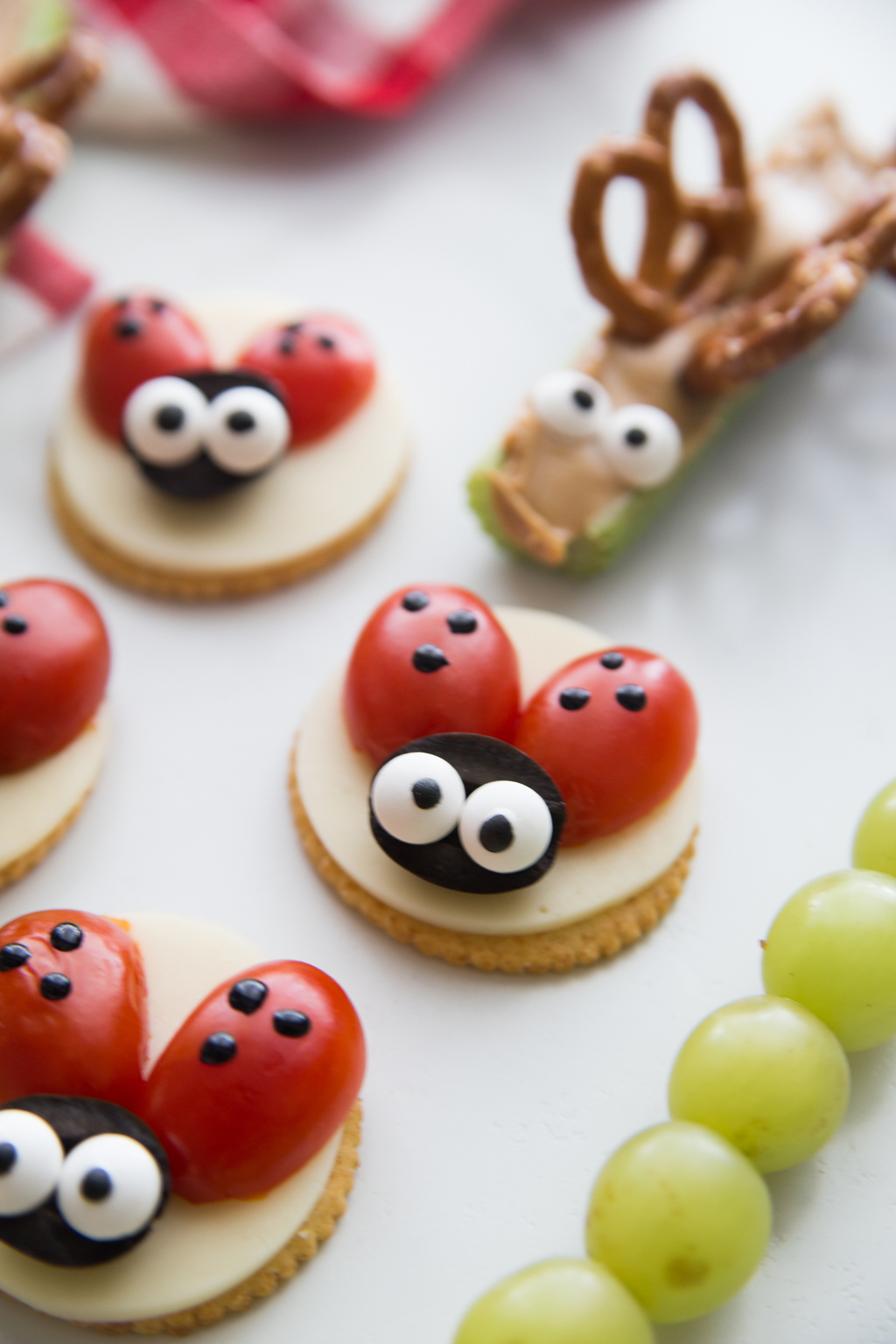 eatable lady bug tomato, cheese and crackers snacks