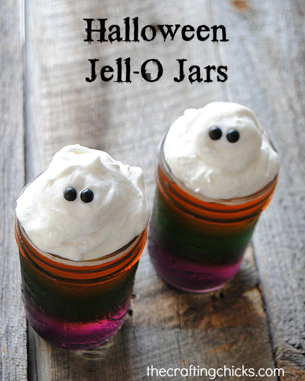 Frightfully fruity and fun, these striped Halloween Jell-O Jars are a great Halloween treat! Don't forget the whipped topping ghosts!