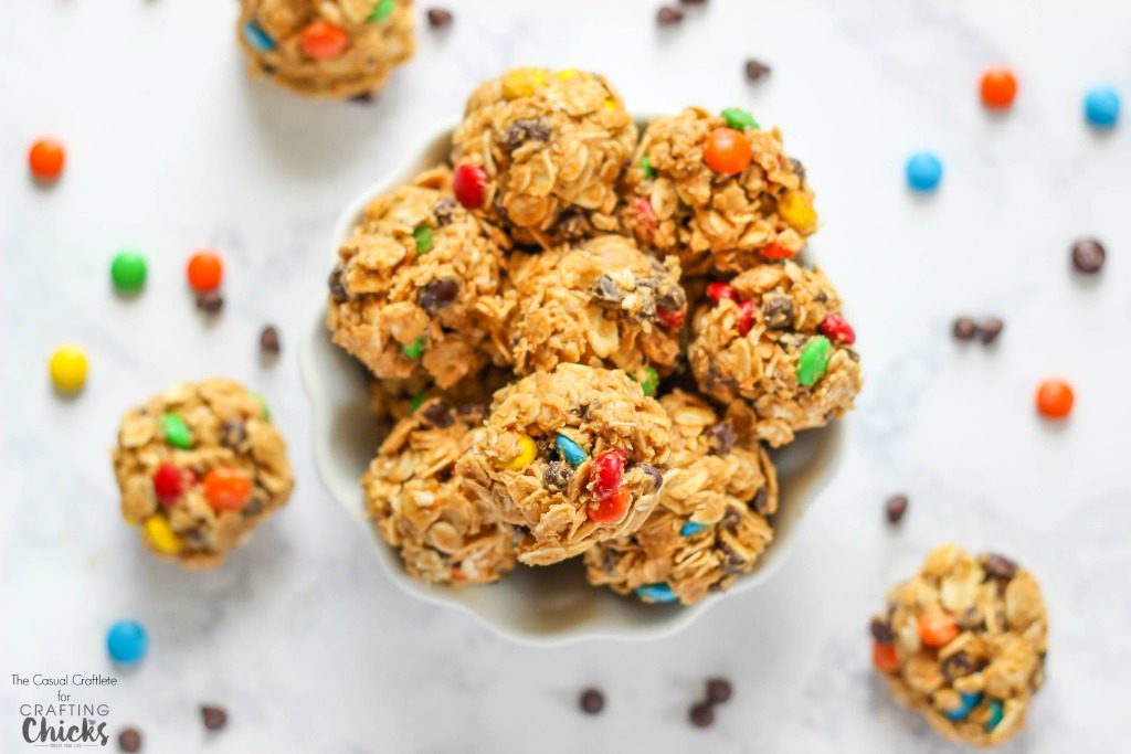These No Bake Monster Cookie Bites have the same great peanut butter and chocolate flavors made into snack bites. Great for on the go or a snack.
