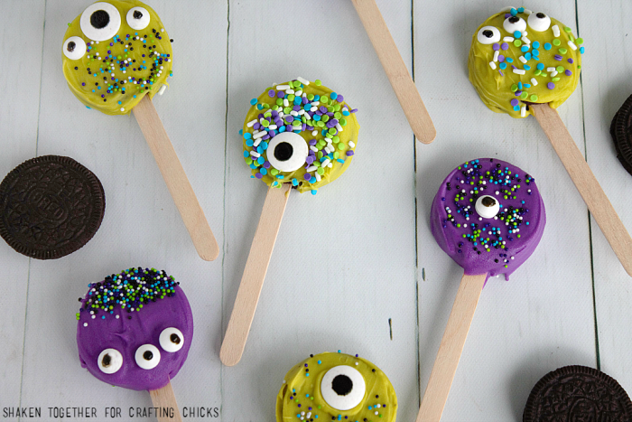 Kids can help with every step of these easy no-bake Monster Face Oreo Pops!