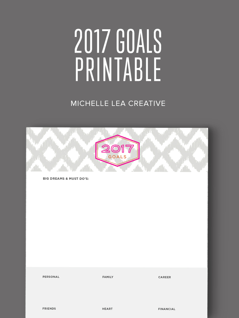 2017 Goals Printable - Plan your big dreams, personal, financial, family, heart, career, and friend goals.