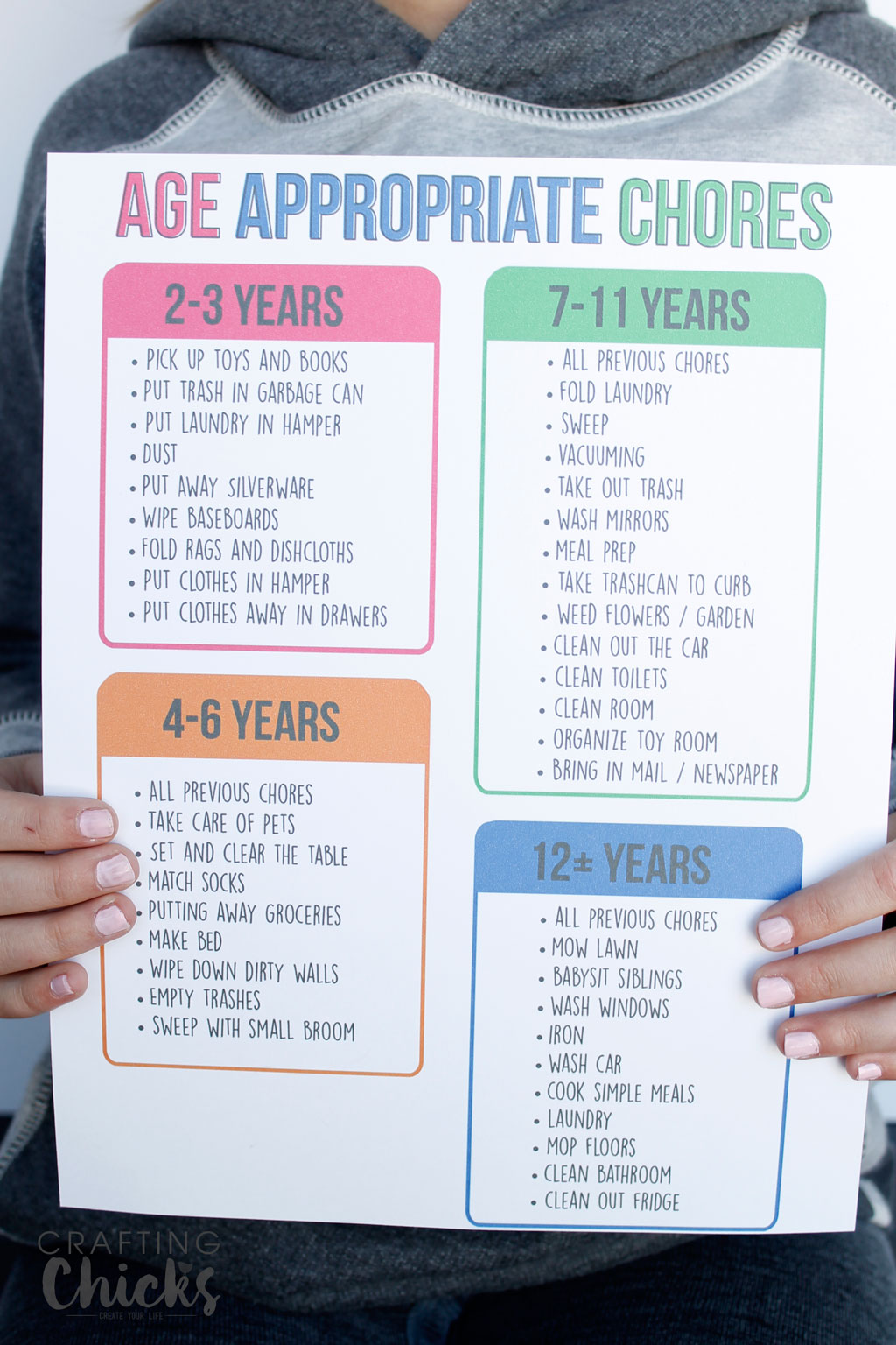 Age appropriate chores printable list being held by a child.