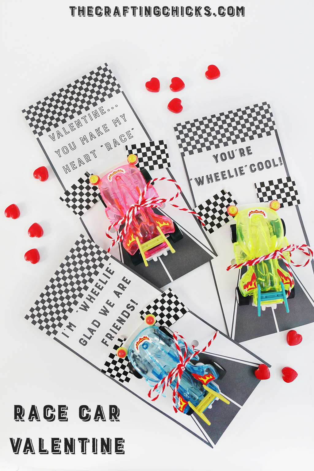 Bright colored race cars on a race track valentine printable.