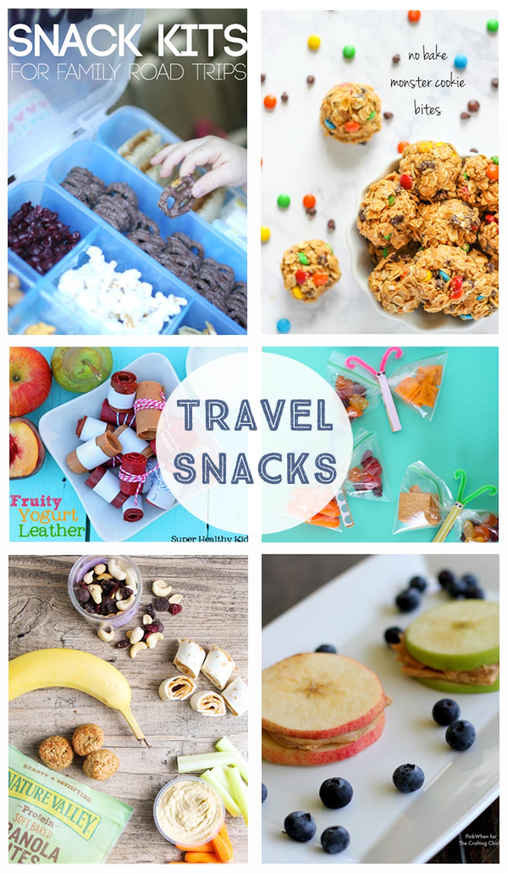Travel Snacks - These simple to-go snacks are perfect for road trips! Fruit leather, apple sandwiches, healthy snacks and butterfly snack bags!