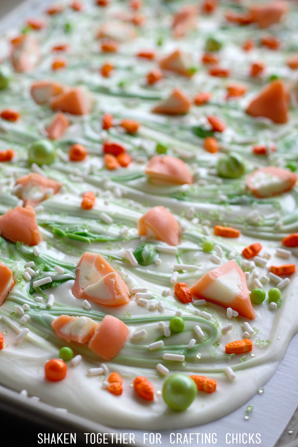 Carrot Cake Easter Bark is loaded with colorful sprinkles and carrot cake Hershey's Kisses! What a cute no-bake Easter dessert!