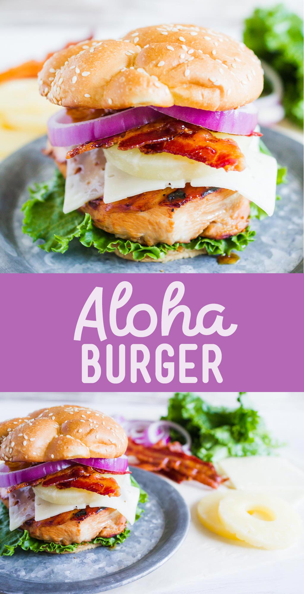 Grilled Aloha Burger - A simple Summer dinner on the BBQ. Chicken breast marinated in teriyaki, covered with Swiss cheese, pineapple rings, bacon and served on a bun! Yum!