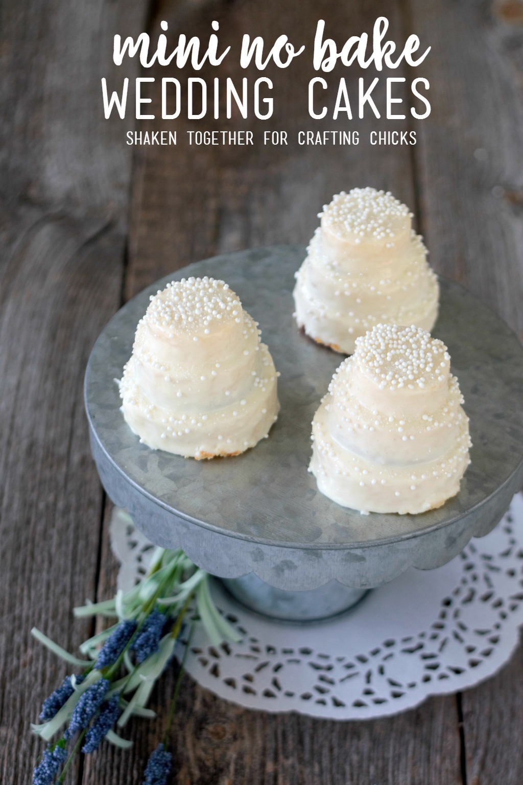 Mini No Bake Wedding Cakes - these sweet teeny tiered treats are perfect for a bridal shower, rehearsal dinner or wedding favor!