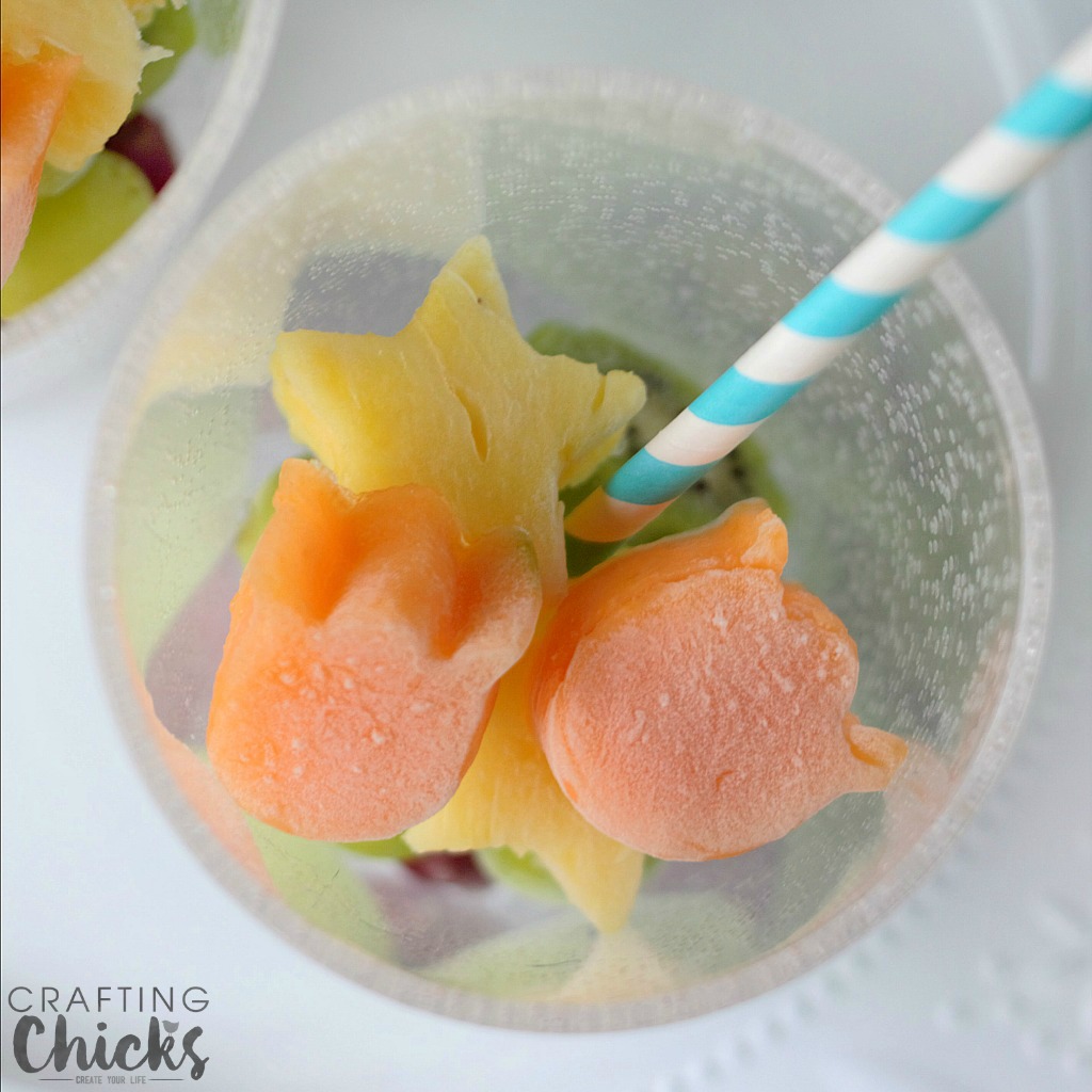 Rainbow Fruit Water with Frozen Fruit - frozen cantaloupe tulips are next!