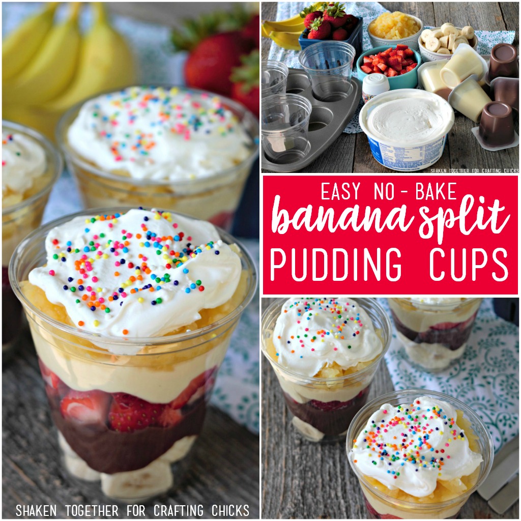 Easy No Bake Banana Split Pudding Cups - these easy no bake dessert cups have all the classic flavors of a banana split!