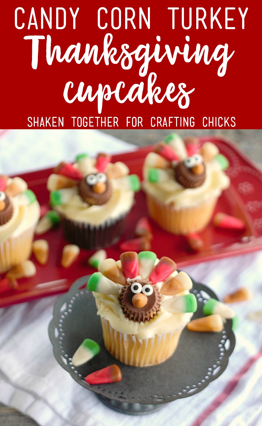 Adorably easy Candy Corn Turkey Thanksgiving Cupcakes! These sweet treats will get gobbled up in no time!