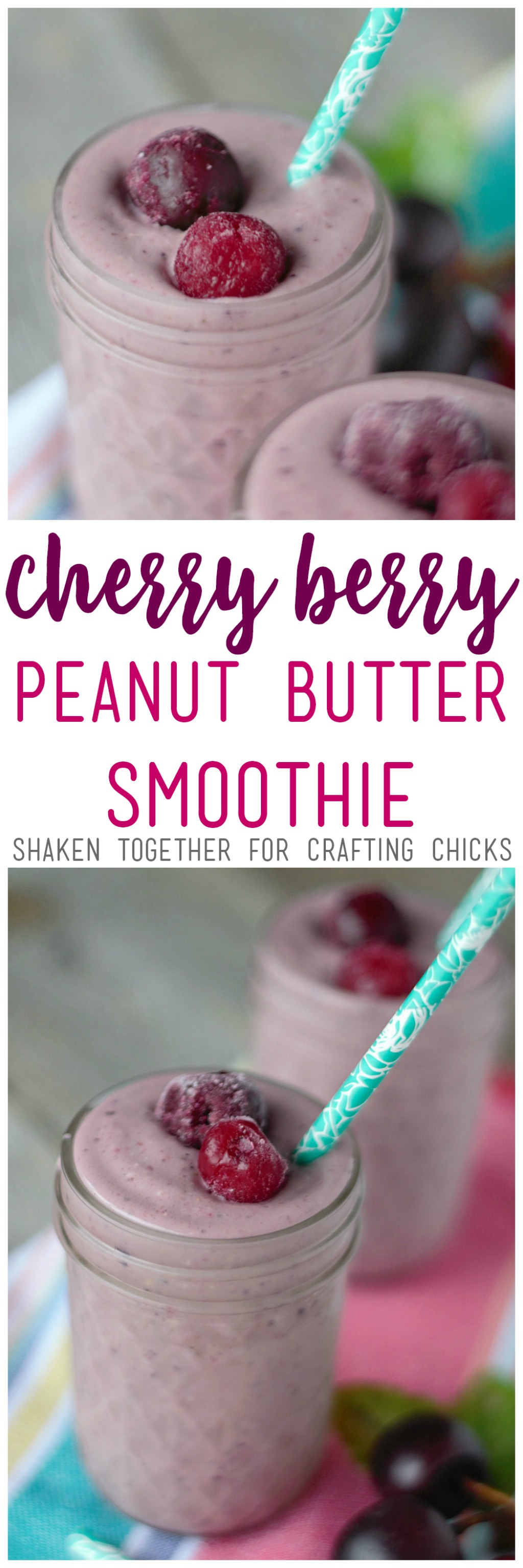 Packed with fruit, peanut butter and oats, this Cherry Berry Peanut Butter Smoothie is healthy and delicious!