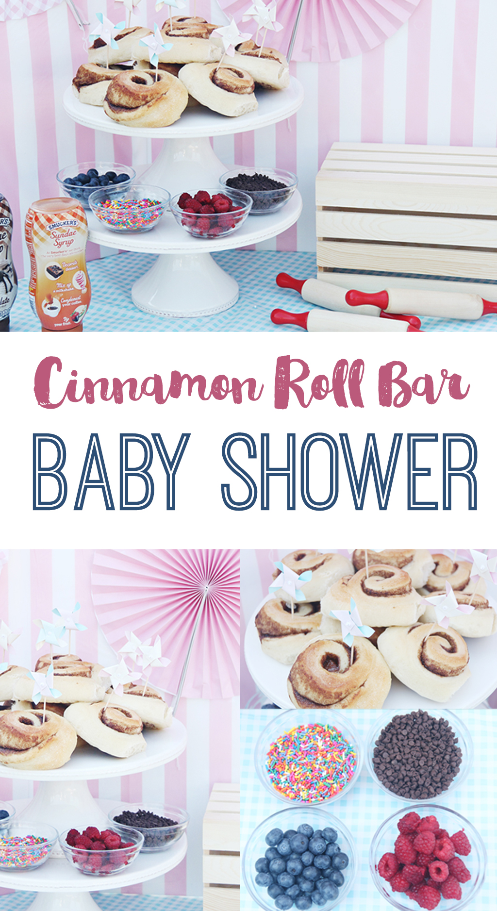 Cinnamon Roll Bar for a Baby Shower! A fun idea for a party or shower, a cinnamon roll bar with yummy toppings. Let guests make their own cinnamon roll treat!