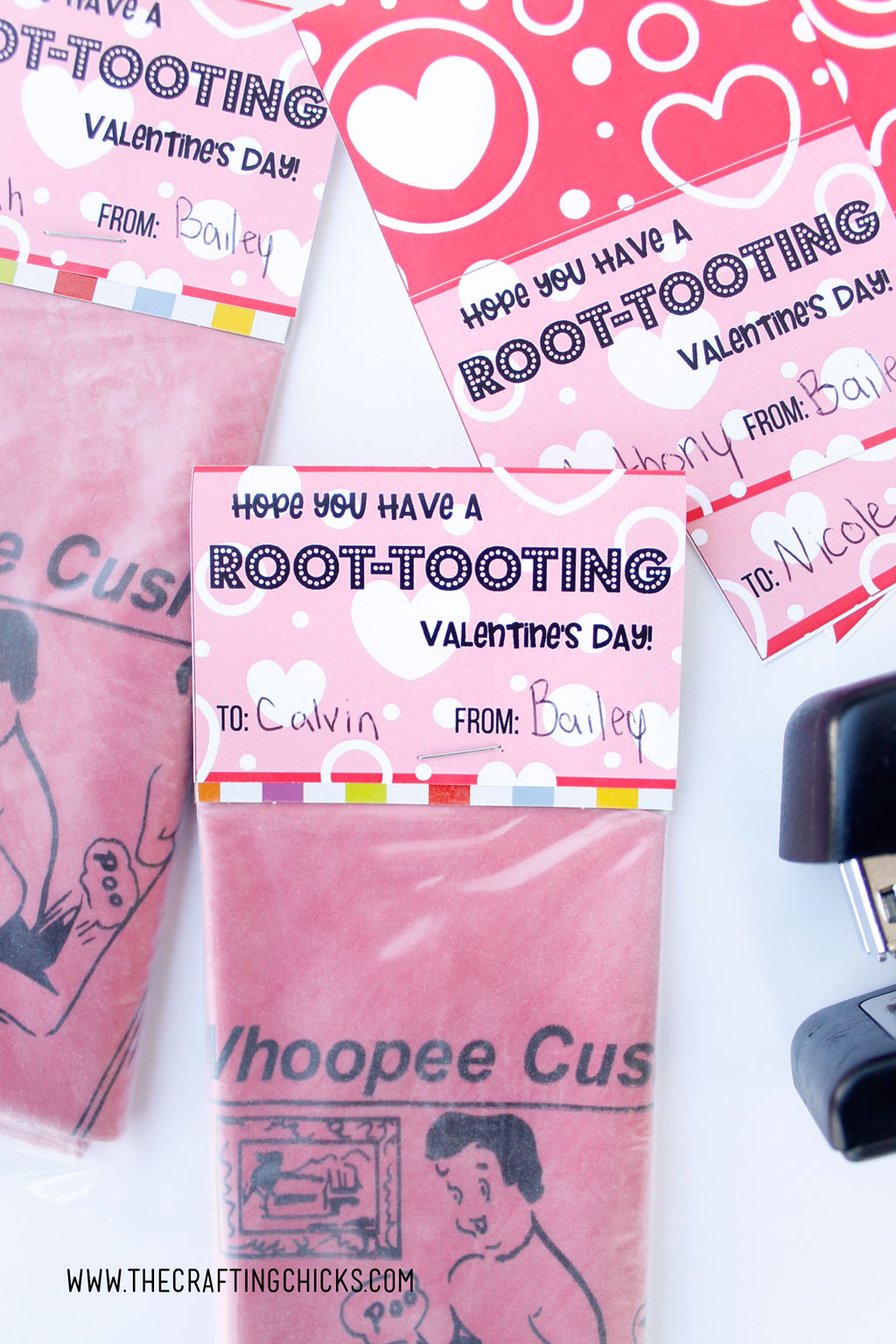 Let your kids give a laugh this Valentine with this fun "Have A Root-Tooting Valentines Day Printable" attached to a whoopee cushion. Kids will think it's hilarious. It will be the hit of the class valentines!