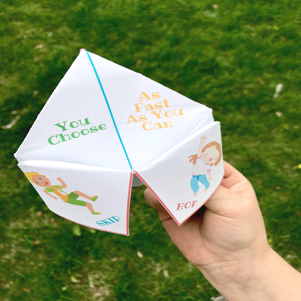 Time to Move Cootie Catcher is a fun way to get kids moving their bodies! This free printable will be a hit. #fitnessforkids #cootiecatcher #timetomove