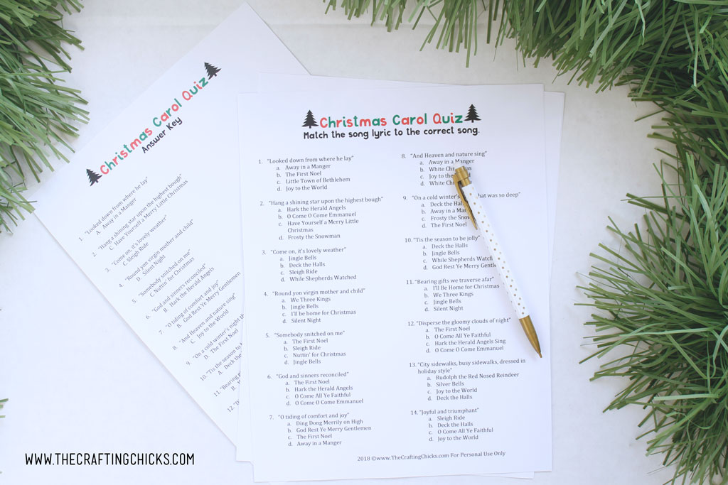 Christmas Carol Quiz Game for Christmas parties with answer key.