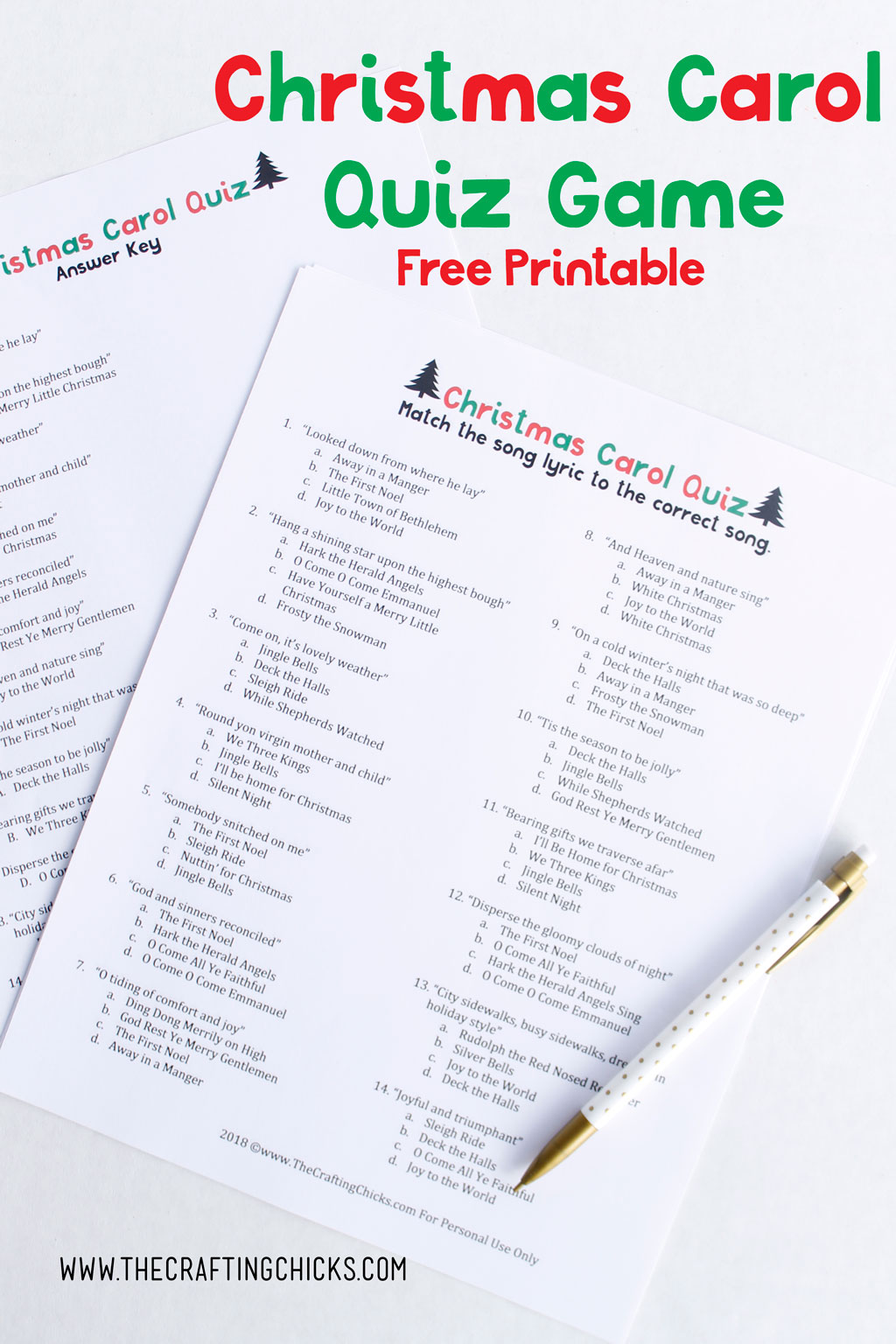 Christmas Carol Quiz game free printable game with answer key