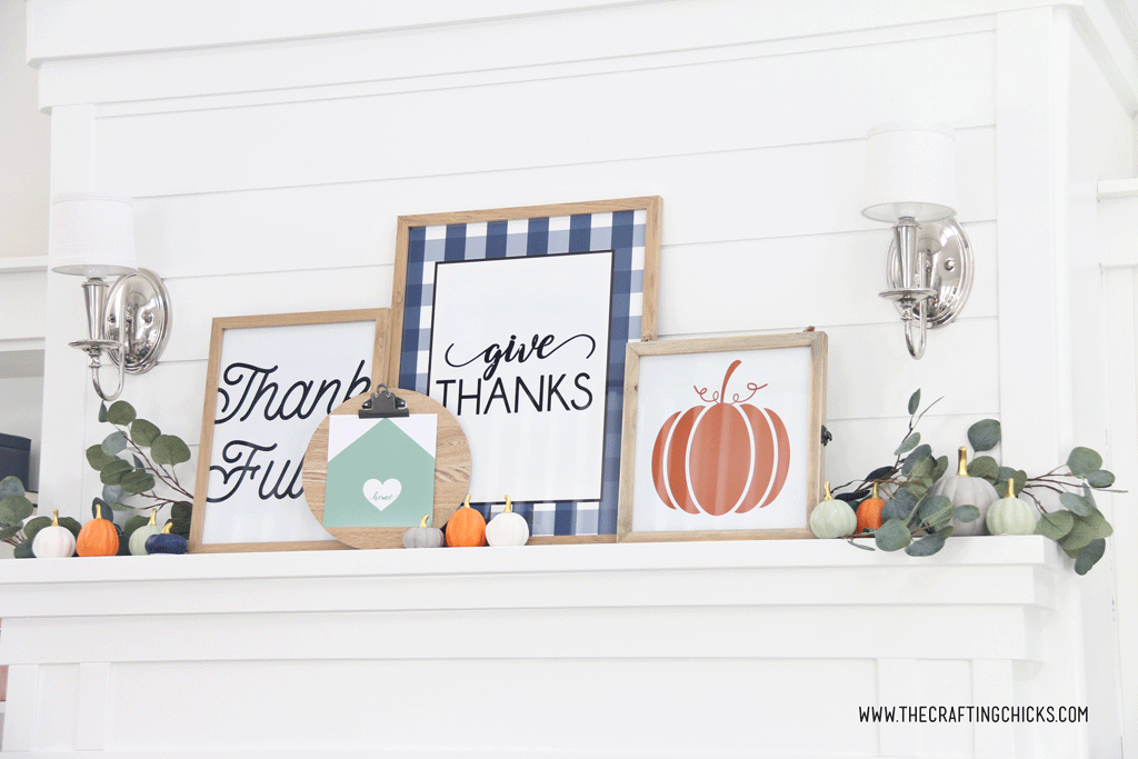 thanksgiving mantle, thanksgiving home decor, thanksgiving printables, pumpkin decor