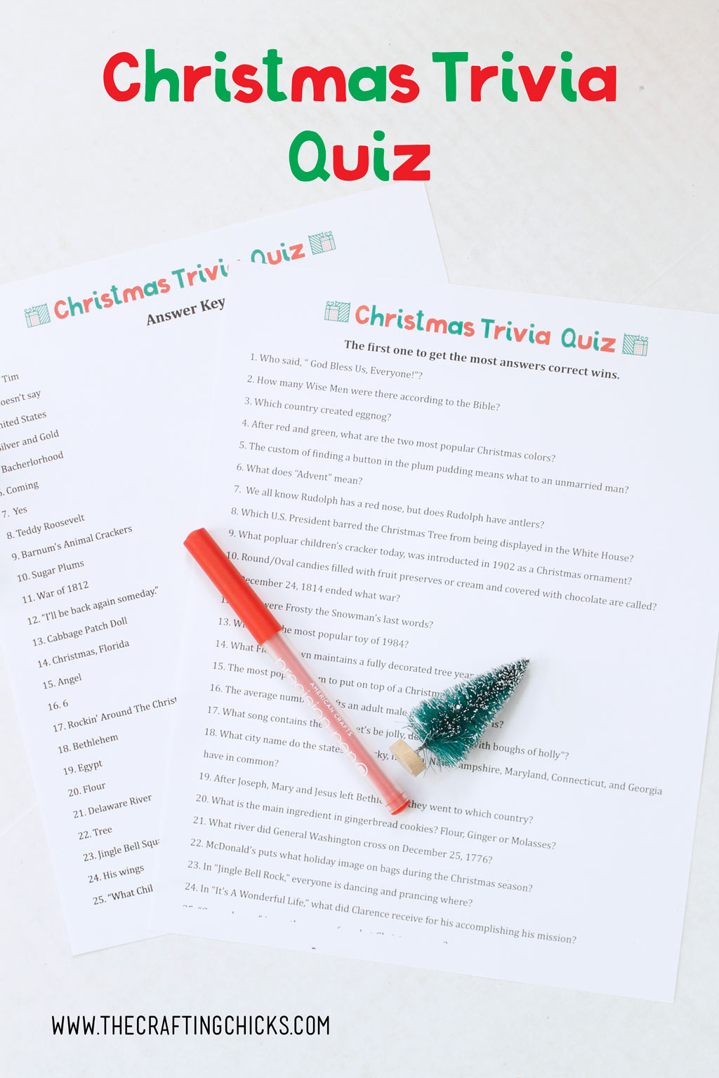 Free Printable Christmas Trivia Quiz game on table with red pen.