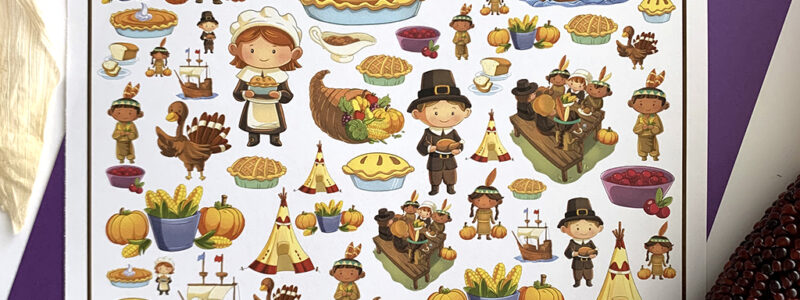 I Spy Thanksgiving Printable game on a purple paper background