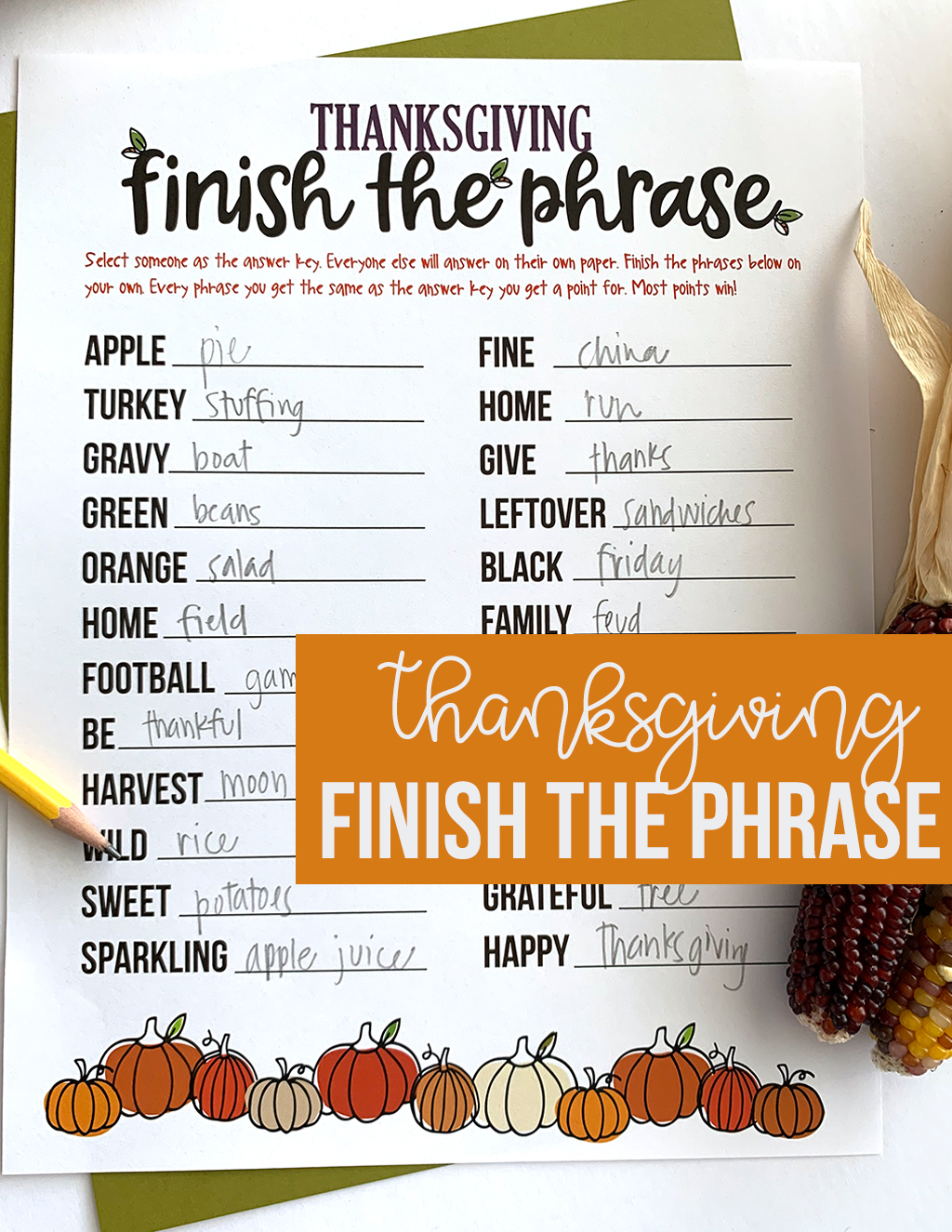 Thanksgiving Finish the Phrase Printable on a white background with green paper