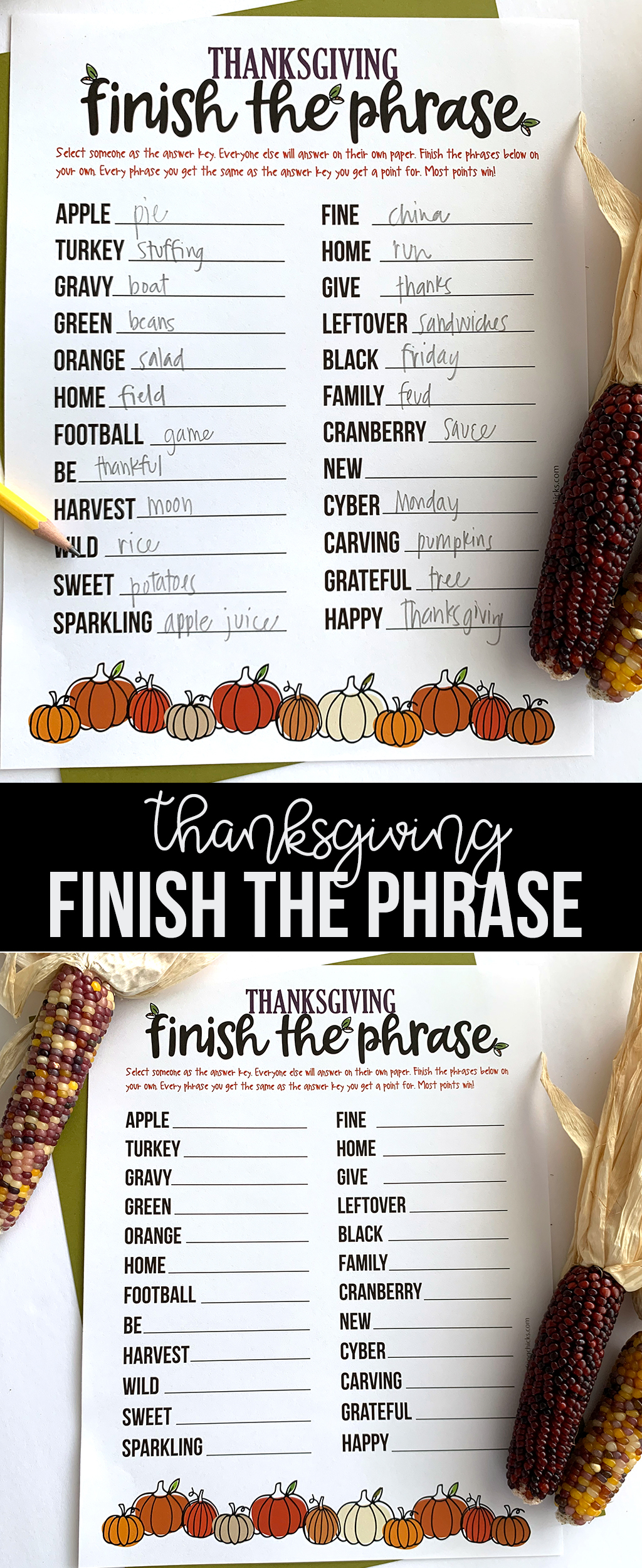 We love to play games around the Thanksgiving table. This Thanksgiving Finish the Phrase Printable is a big hit at our house. #thanksgiving #thanksgivinggames #thanksgivingprintable #thanksgivingprintablegames