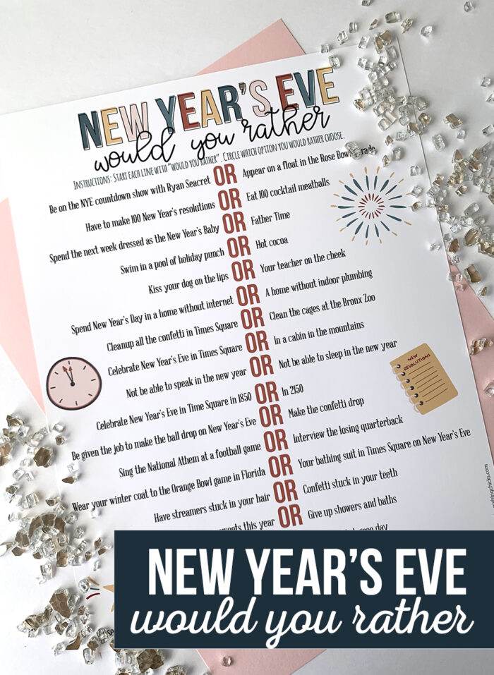 White paper with printable images of New Year's Eve Would You Rather printable game