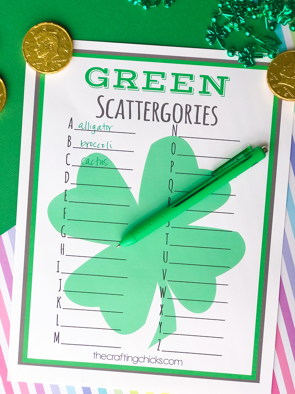 St. Patrick's Day GREEN Scattergories on a green and rainbow background