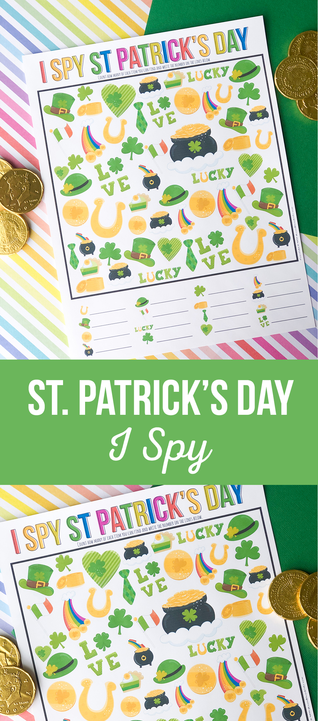 St. Patrick's Day I Spy Printable Game on green and rainbow background