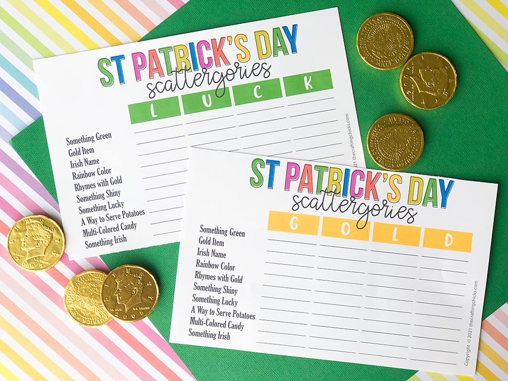 St. Patrick's Day Scattergories on a rainbow colored, and a green paper background with gold coins around.