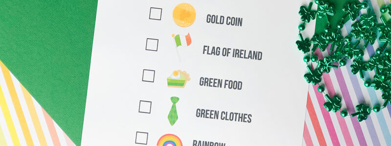 St. Patrick's Day Scavenger Hunt Printable on green and rainbow background