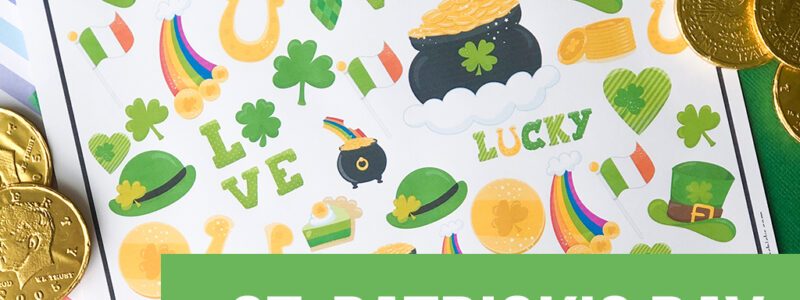 I Spy St. Patrick's Day Printable Game on a rainbow colored, and a green paper background with gold coins around.
