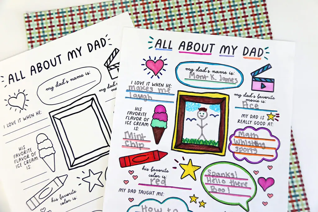 All About My Dad printables, one filled out and colored and one blank in the background