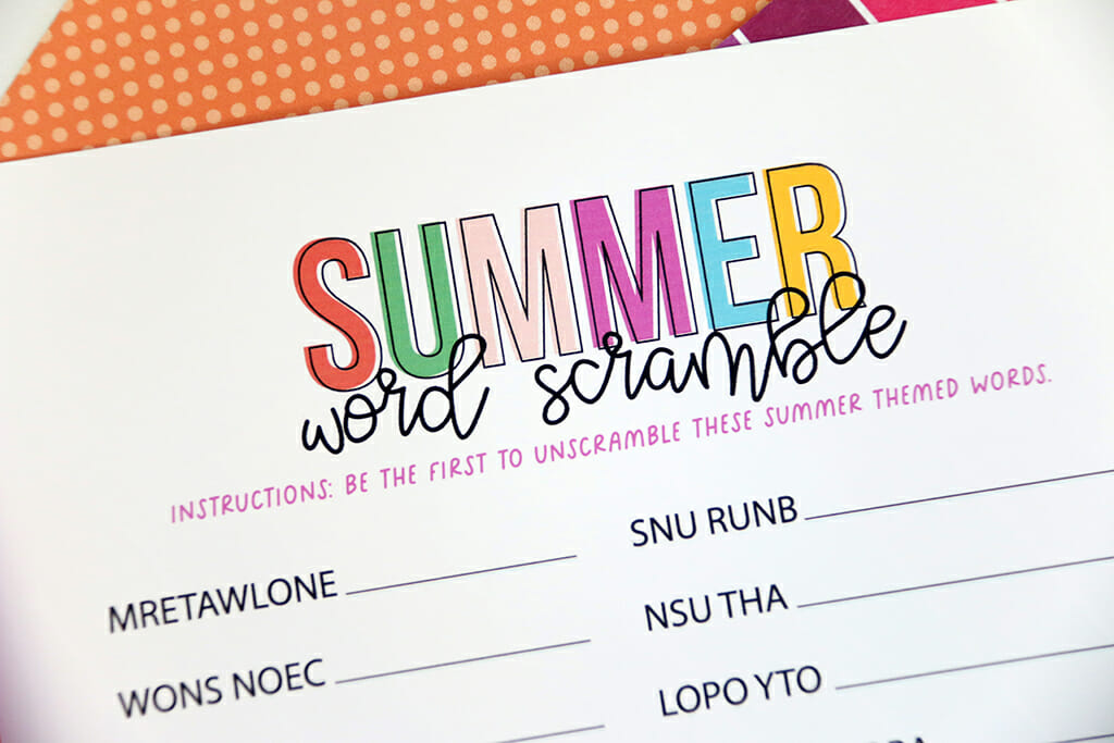 Summer word scramble free printable game on orange background