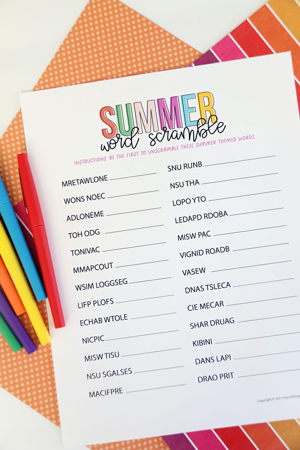 Summer Word Scramble free printable Game on a rainbow and orange background 