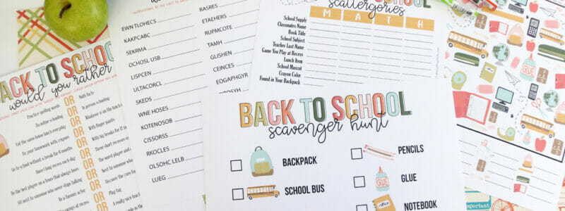Back to school printable games with green apples and pencils