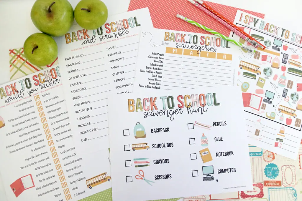 Back to school printable games with green apples and pencils