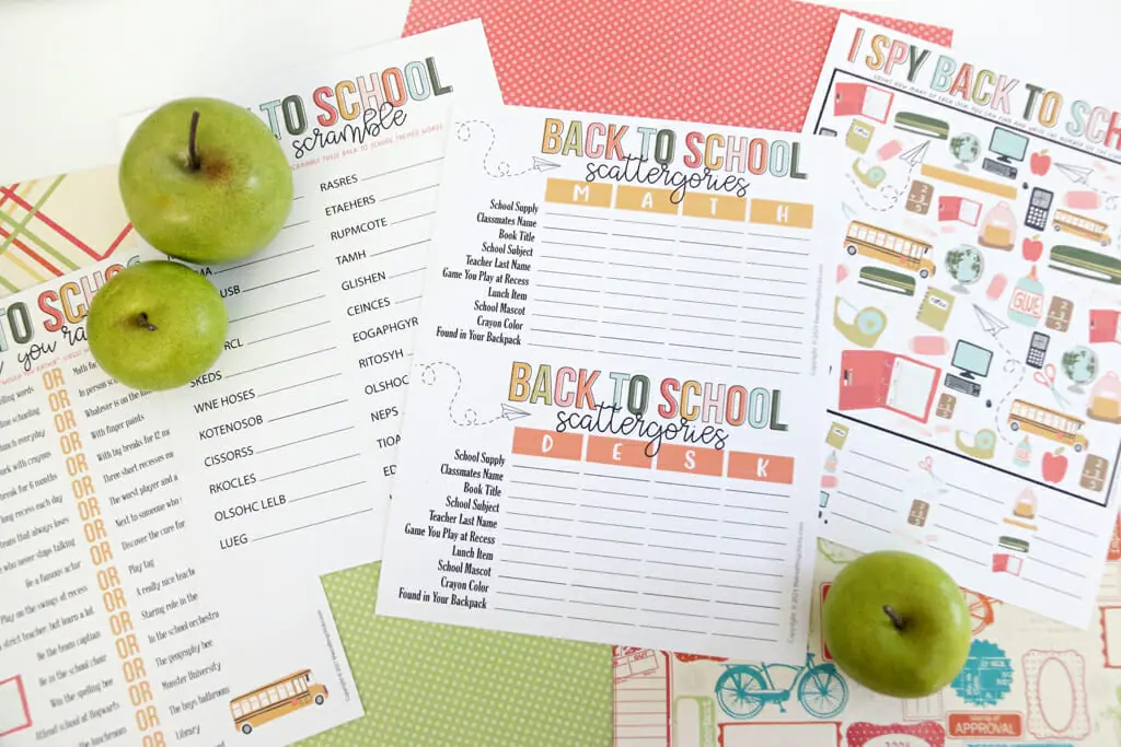 Back to School Printable Pack on red and green background with green apples