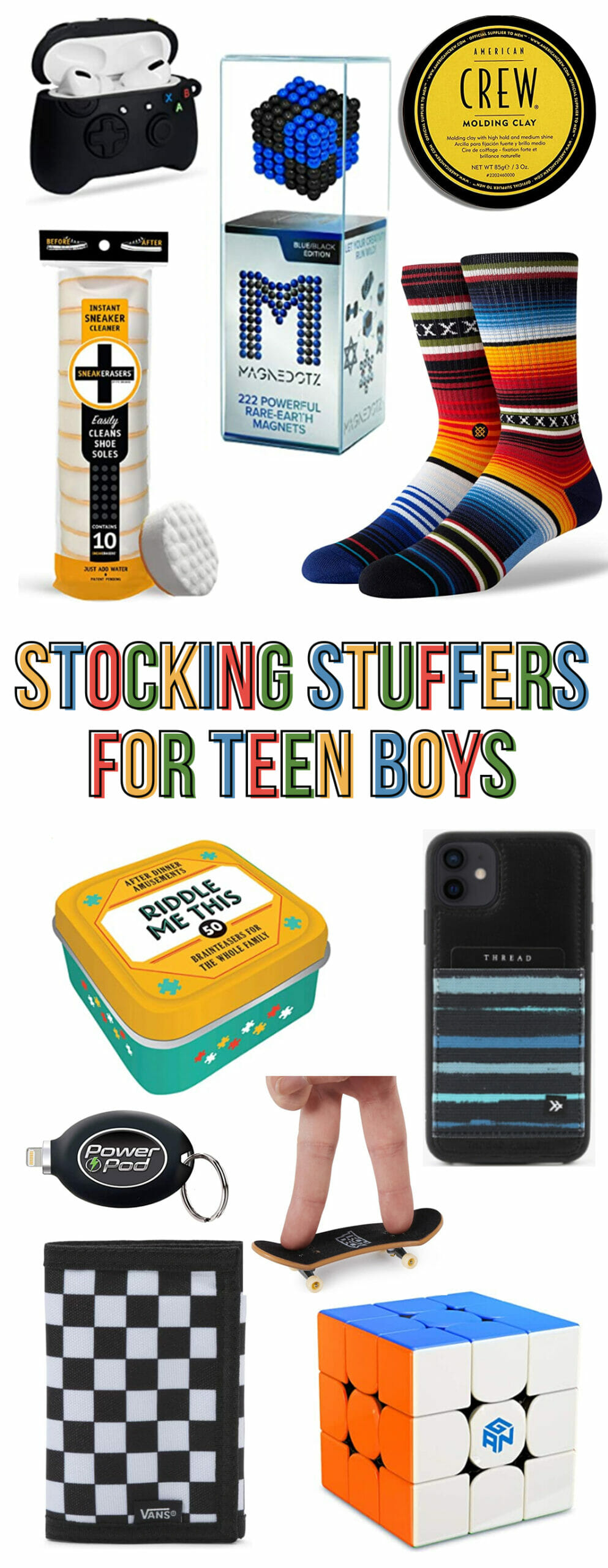 Stocking Stuffers for Teen Boys with gift ideas on white background.