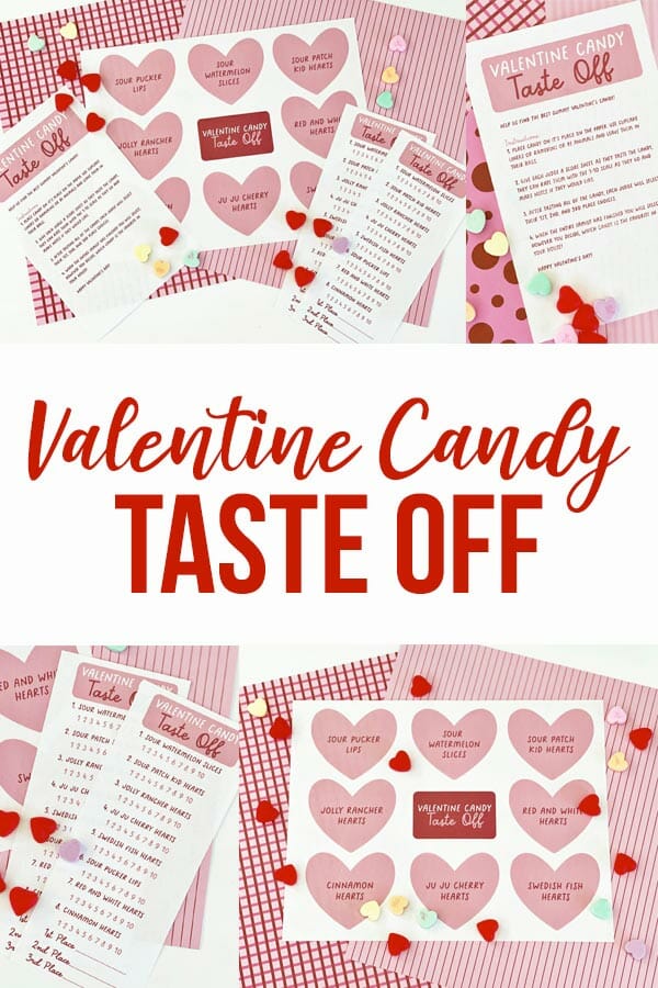Valentine Candy taste off printables on a white background with red, white, and pink decrative paper on the background.