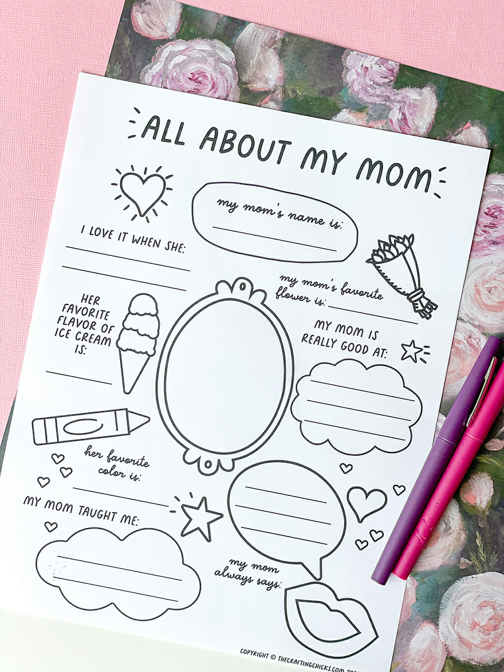 All About My Mom Free Printable on a floral and pink background