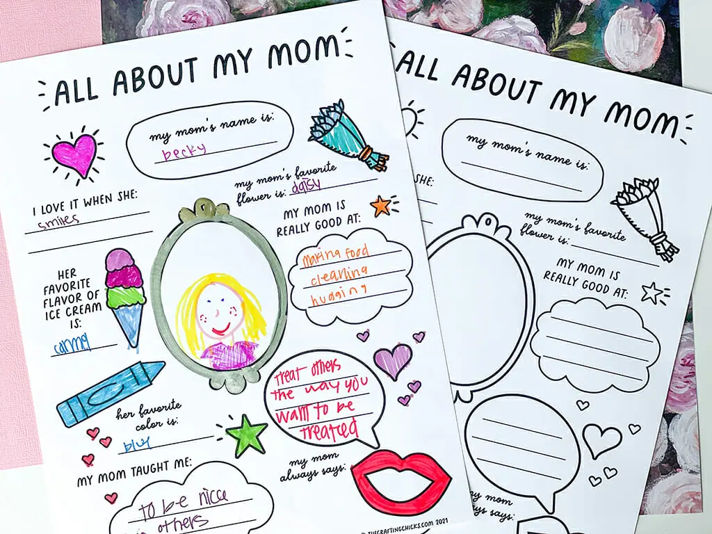 All About My Mom Free Printable filled in and colored and one that is blank behind.