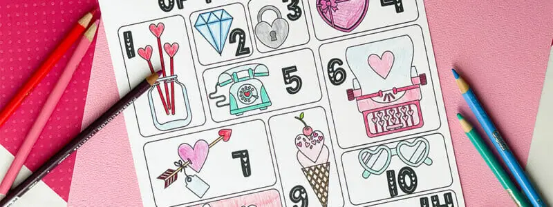 Printable 14 Acts of Kindness page printed out with Valentine images to color as you complete acts of kindness.