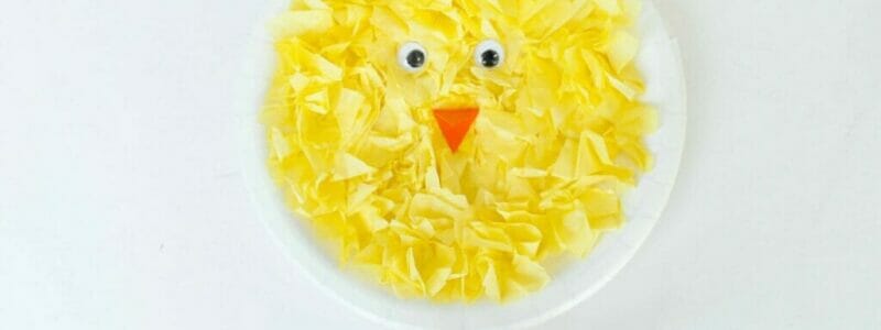 White background with white paper plate that has yellow tissue paper glued on to make a yellow chick.